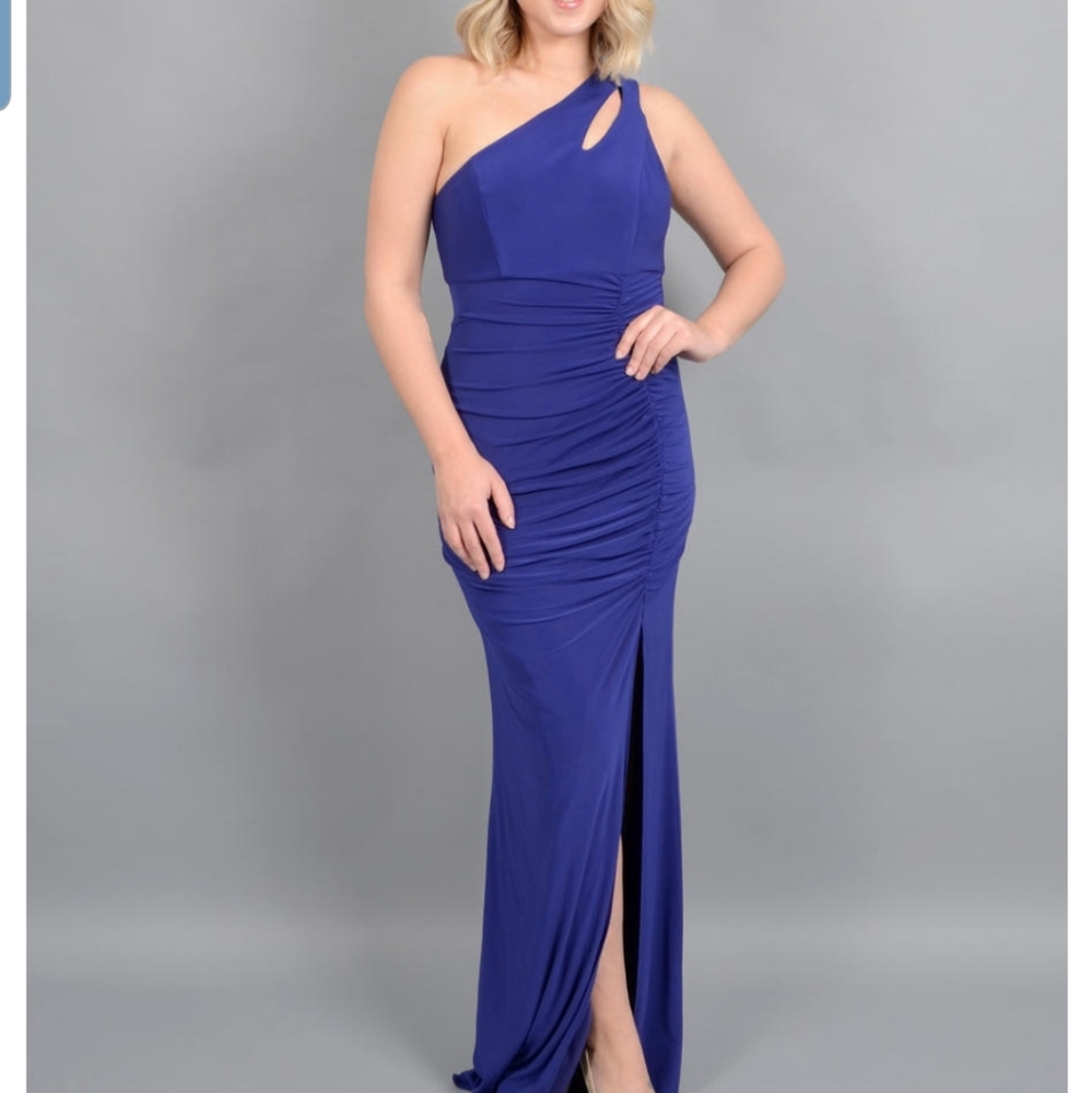 Xscape one shoulder jersey wrap gown